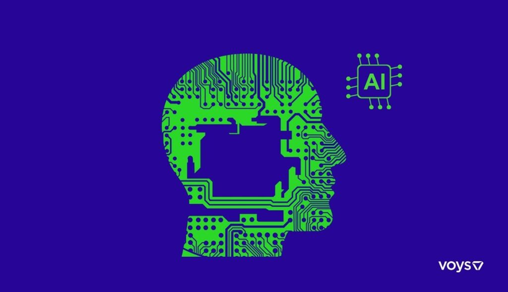 AI in voip Vector design with voys Logo and green AI chip with robotic head